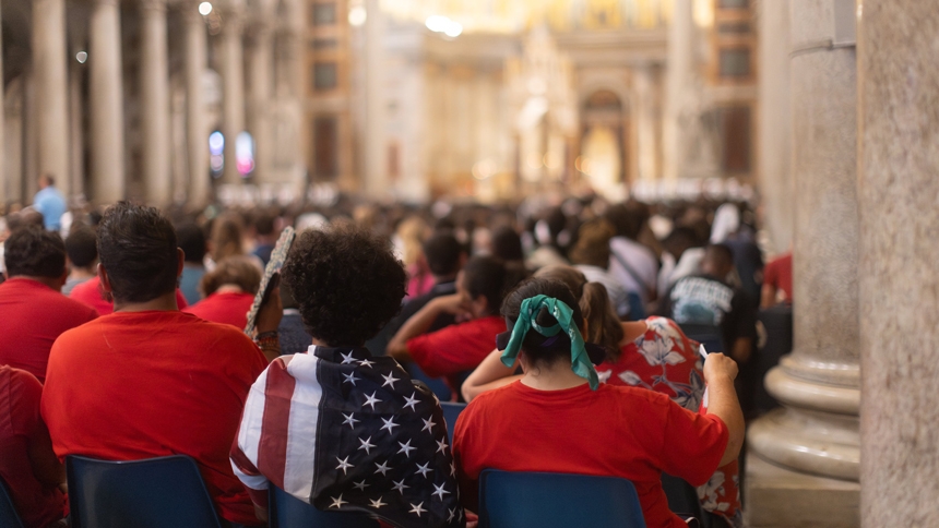 Pilgrims pray during a holy hour of Eucharistic adoration at the Basilica of St. Paul Outside the Walls in Rome July 30, 2025. The prayer service was part of the USA National Jubilee Pilgrim Gathering during the Jubilee of Youth. (CNS photo/Kendall McLaren)