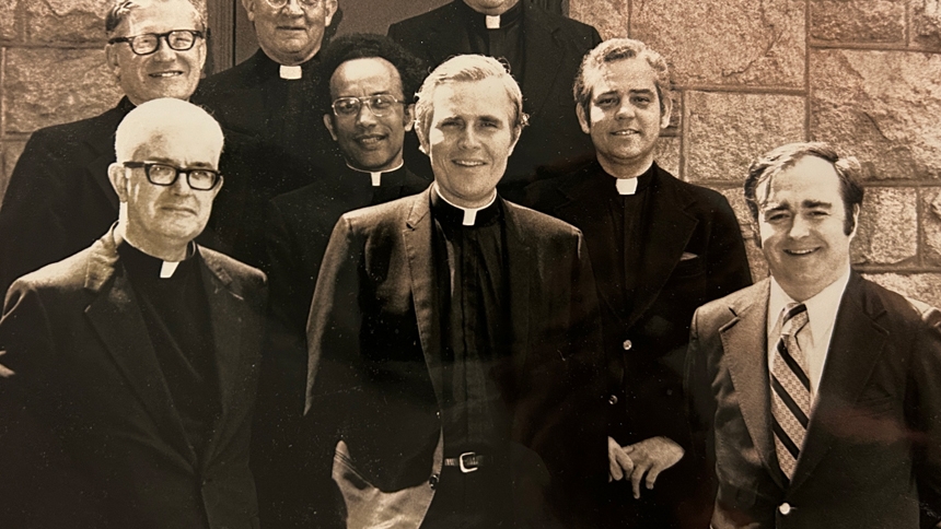 Powers (front row, far right) stands on the campus of Sacred Heart (then) Cathedral alongside Bishop F. Joseph Gossman.