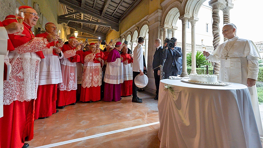 Pope Leo XIV raises his glass as cardinals, Vatican officials and ecumenical leaders toast his 70th birthday Sept. 14, 2025, after a prayer service at Rome's Basilica of St. Paul Outside the Walls. (CNS photo/Vatican Media)