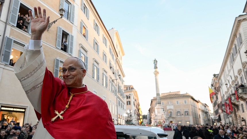 Pope Leo XIV waves from the popemobile as he arrives near the Spanish Steps in the center of Rome to lead prayers to Mary Dec. 8, 2025, the feast of the Immaculate Conception. (CNS photo/Vatican Media)