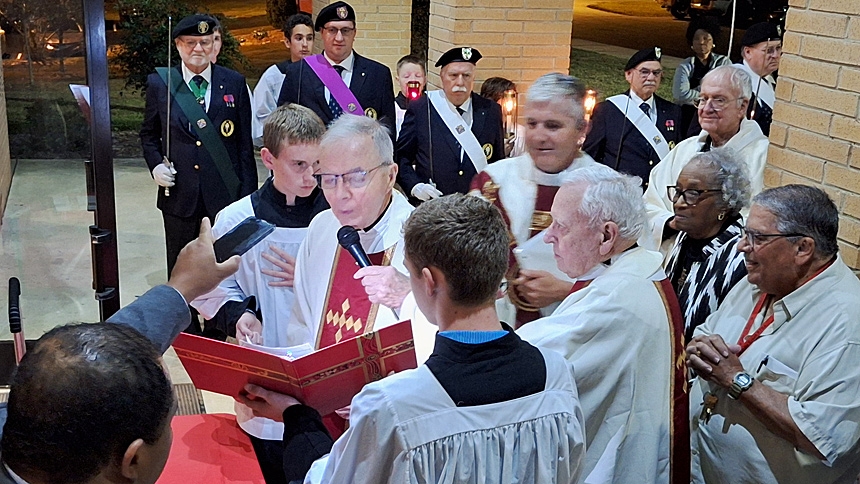 Monsignors Michael Shugrue and John Wall are pictured at the blessing with charter parish members Danny Coleman and Mary (Woods) Curry, St. Joseph pastor Father Peter Devereux, L.C. and Monsignor John Williams.