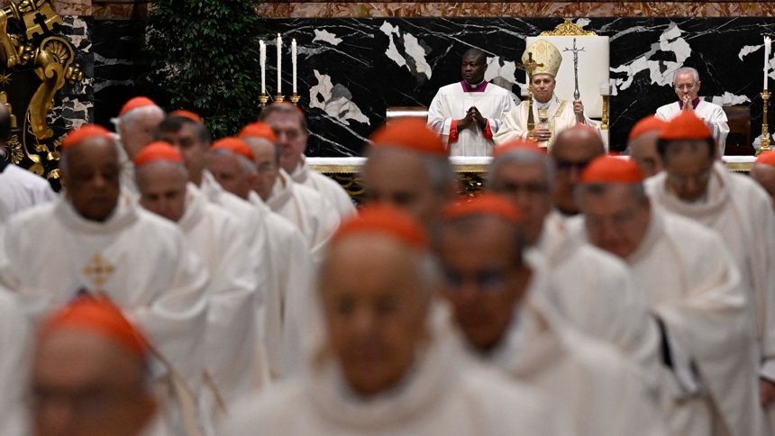 Pope Leo XIV celebrates Mass in St. Peter’s Basilica at the Vatican with the members of the College of Cardinals gathered for his first extraordinary consistory Jan. 8, 2026. (CNS photo/Vatican Media)