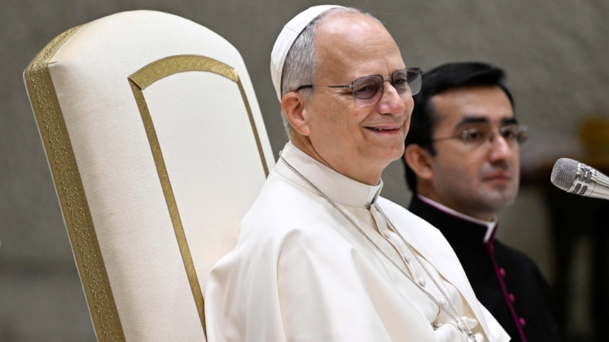 Pope Leo XIV smiles during his weekly general audience in the Paul VI Audience Hall at the Vatican Jan. 7, 2026. (CNS photo/Vatican Media)