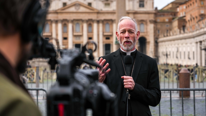 U.S. Archbishop Alexander K. Sample of Portland, Ore., gives an interview to Catholic News Service at the Vatican Feb. 11, 2026. (CNS photo/Lola Gomez)