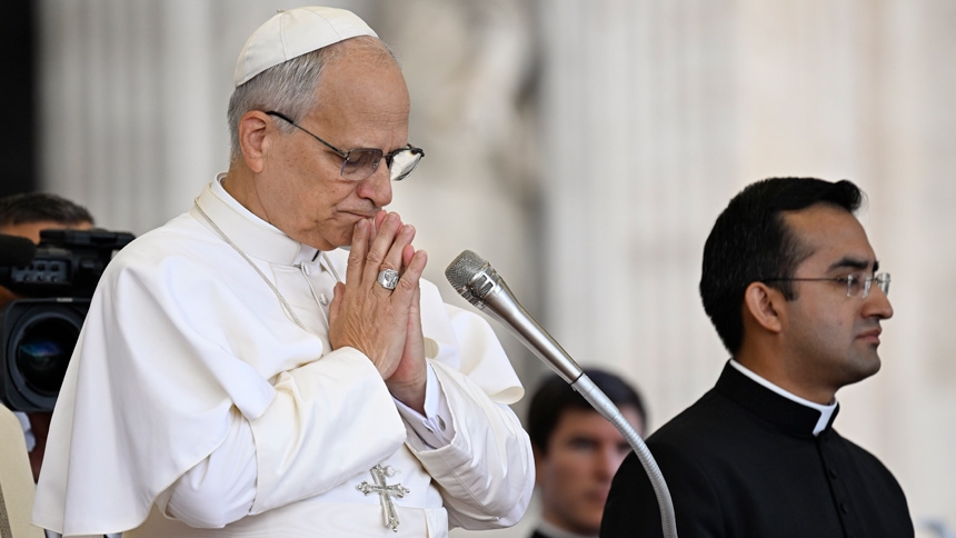 Pope Leo XIV prays during his weekly general audience in St. Peter's Square at the Vatican Sept. 24, 2025. (CNS photo/Vatican Media)