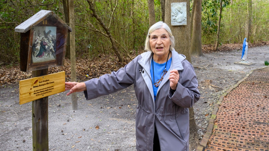 Joyce Lemon shows the Stations of the Cross on the grounds of St. Stanislaus in January 2026. 