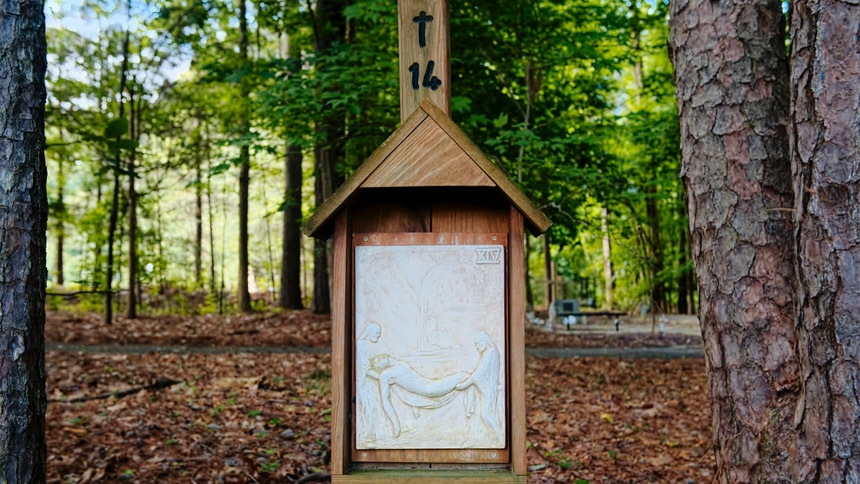 St. Luke the Evangelist Church in Raleigh has an outdoor prayer area on its grounds. Pictured is the 14th Station of the Cross. 
