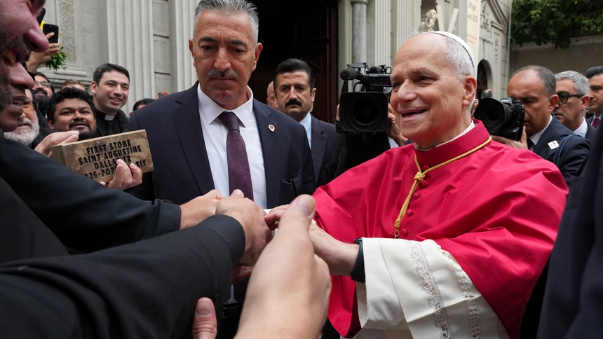 Pope Leo XIV greets priests from the Catholic Dioceses of Dallas, TX, at the Cathedral of the Holy Spirit in Istanbul, Turkey, Nov. 29, 2025. The group of priests arrived after a two-week pilgrimage to meet the pope during his apostolic visit to the country. The encounter took place during a gathering with Turkey’s Catholic bishops, clergy, religious, deacons and pastoral workers. (CNS photo/Lola Gomez)