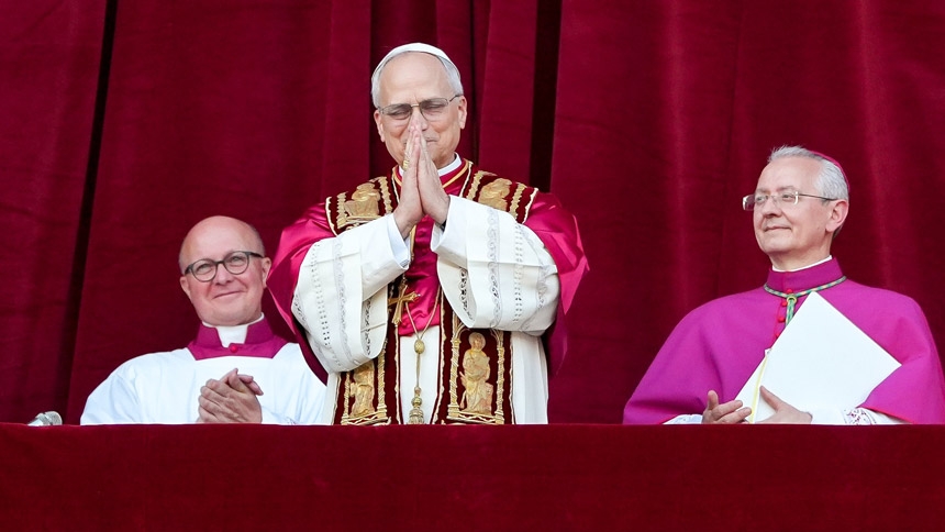 U.S. Cardinal Robert F. Prevost, a Chicago-born Augustinian, is elected as Pope Leo XIV, becoming the first American pope in history. "Together we must try to be a missionary church, a church that builds bridges and always dialogues, that is always open to receiving everyone like this square with its arms open to everyone, everyone in need," he told the crowd. (CNS photo/Lola Gomez)