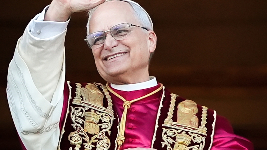 Pope Leo XIV, formerly Cardinal Robert F. Prevost, waves to the crowd in St. Peter’s Square from the central loggia of St. Peter’s Basilica at the Vatican following his election as pope May 8, 2025. The new pope was born in Chicago. (CNS photo/Lola Gomez)