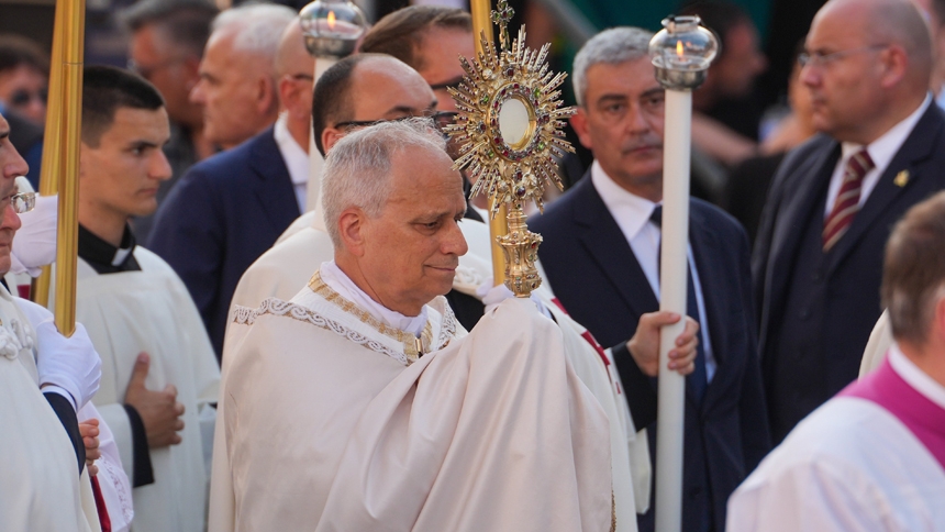 Pope Leo marks the first anniversary of his May 8, 2025, election, which fell on the day of the Supplication to Our Lady of the Rosary of Pompeii, by visiting Naples and Pompeii to visit the Pontifical Shrine of the Blessed Virgin of the Rosary of Pompeii. “I therefore had to come here, to place my service under the protection of the Blessed Virgin,” he said in his homily. (CNS photo/Lola Gomez)
