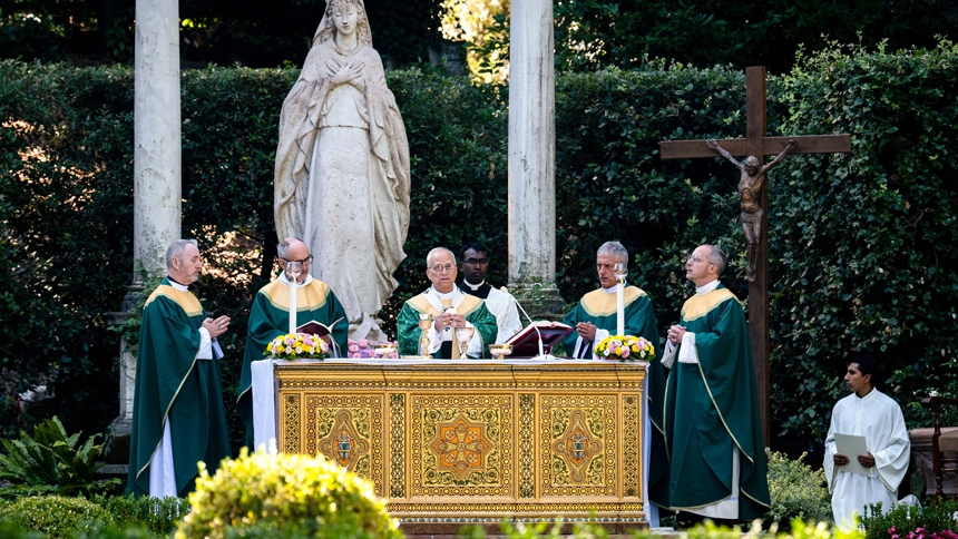 Pope Leo XIV celebrates Mass for the Care of Creation on the grounds of the Borgo Laudato Si' ecology center in Castel Gandolfo, Italy, where he will also spend time during the summer and Tuesdays during the rest of the year for rest and reflection. (CNS photo/Cristian Gennari, pool)