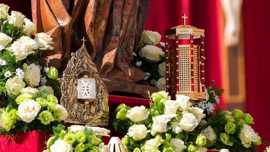 He canonizes his first saints, Sts. Carlo Acutis and Pier Giorgio Frassati, in St. Peter's Square, praising their devotion to the Eucharist, prayer and serving the poor. The pope urged the faithful, especially young people, to follow their examples and live the great "adventure" of following God's plan. (CNS photo/Lola Gomez)