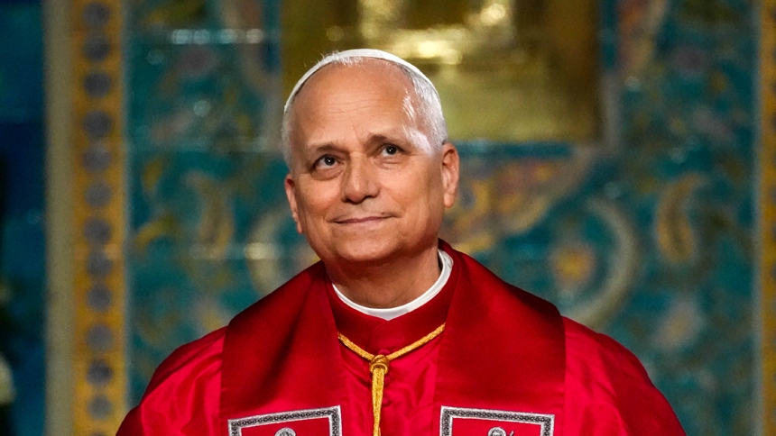 Pope Leo XIV smiles during a meeting with the Algerian Catholic community at the Basilica of Our Lady of Africa in Algiers, Algeria, April 13, 2026. (CNS photo/Lola Gomez)