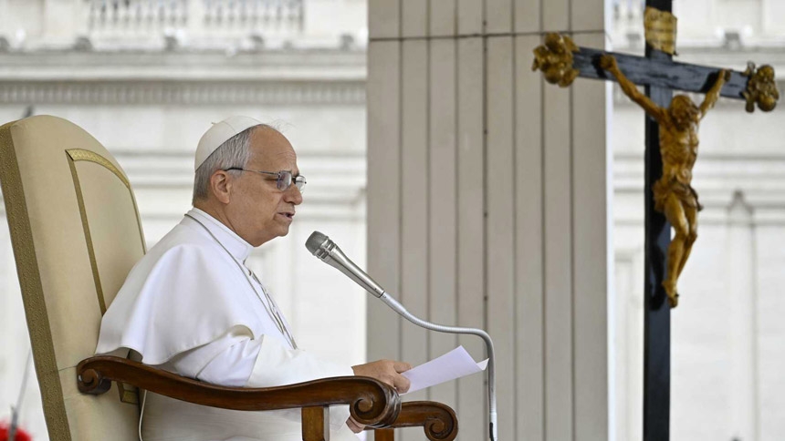 Pope Leo XIV delivers his remarks during his weekly general audience in St. Peter's Square at the Vatican May 6, 2026. (CNS photo/Vatican Media)