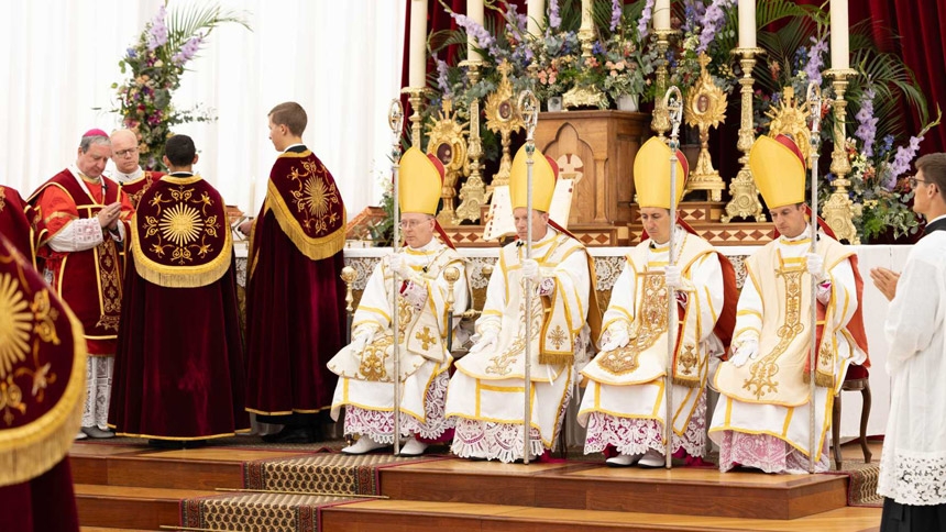 Seated from right to left: Fathers Marc Hanappier and Michel Poinsinet de Sivry from France, Father Michael Goldade from the United States and Father Pascal Schreiber from Switzerland were consecrated bishops without papal approval for the Society of St. Pius X in Écône, Switzerland, July 1, 2026, which led to their automatic excommunication and the two bishops who consecrated them. (CNS photo/courtesy Society of St. Pius X)