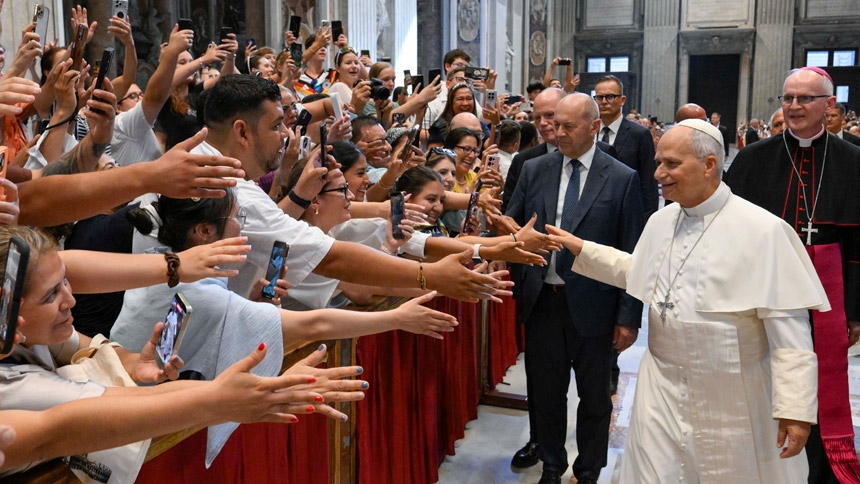 As the summer heat continues, Pope Leo XIV greets pilgrims before his weekly general audience inside St. Peter's Basilica at the Vatican Aug. 5, 2026. (CNS photo/Vatican Media)