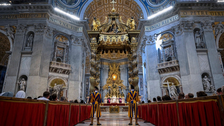Pope Leo XIV talks to visitors and pilgrims during his weekly general audience in St. Peter's Basilica at the Vatican Aug. 12, 2026.(CNS photo/Vatican Media)