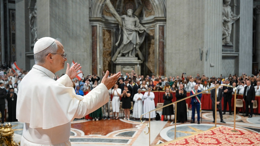 Pope Leo XIV greets visitors and pilgrims before his weekly general audience in St. Peter's Basilica at the Vatican Aug. 19, 2026. (CNS photo/Vatican Media)