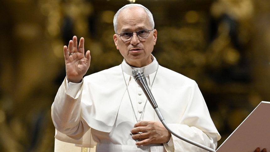 Pope Leo XIV offers his blessing to visitors and pilgrims during his weekly general audience in St. Peter's Basilica at the Vatican Aug. 26, 2026. (CNS photo/Vatican Media)