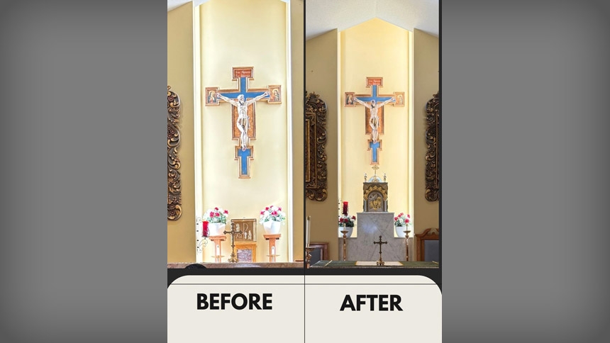 San Juan Diego Mission received a Parish Assistance Grant, made possible through the generous support of the Bishop's Annual Appeal (BAA), allowing the parish to replace its tabernacle and create a more fitting and prominent place for the Blessed Sacrament. The previous tabernacle was quite small and could easily be overshadowed by the surrounding images and architectural elements. While functional, it did not fully reflect the central place the Eucharist holds in our Catholic faith. The new tabernacle now 