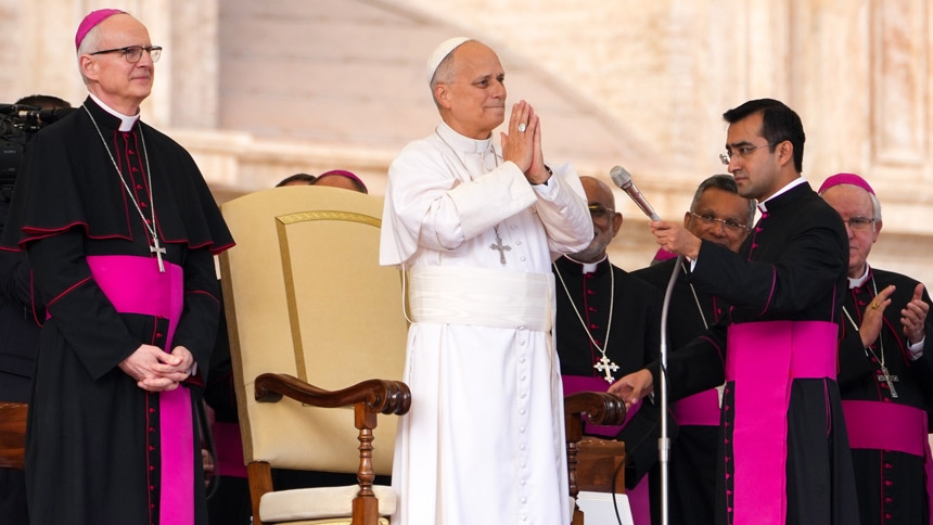 Pope Leo XIV greets the crowd as he arrives on the stage in St. Peter’s Square at the Vatican to begin his weekly general audience Oct. 21, 2026. (CNS photo/Lola Gomez)