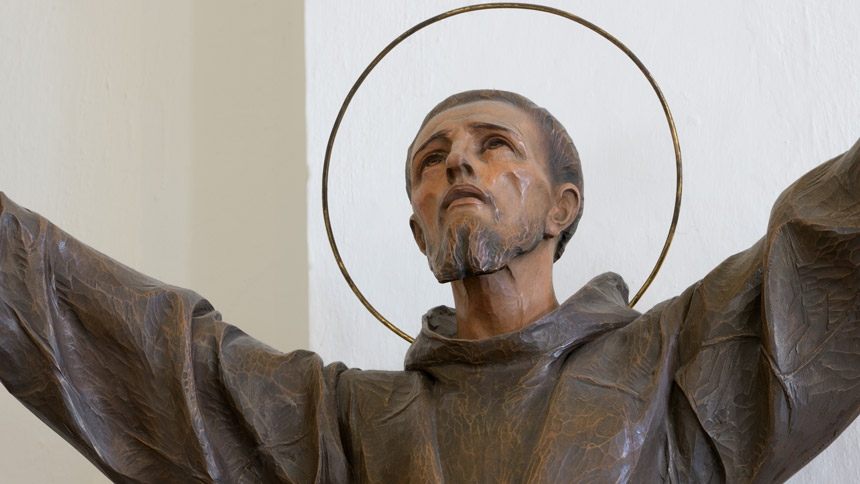 Above: Detail of woodcarved polychromed statue of Saint Francis of Assisi in the St. Anthony Church of St. Ulrich in Gröden - Ortisei Val Gardena. (Credit: Wolfgang Moroder, CC BY-SA 3.0, via Wikimedia Commons)