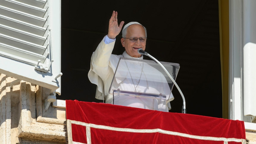 Pope Leo XIV greets pilgrims and visitors gathered in St. Peter's Square for the Sunday Angelus at the Vatican Oct. 11, 2026. (CNS photo/Vatican Media)