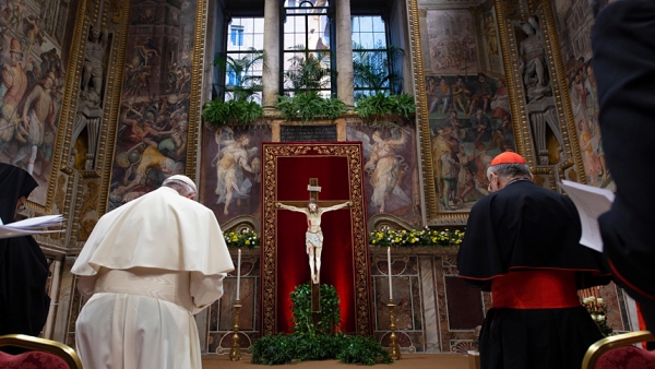 Pope Francis and church leaders from around the world attend a penitential liturgy during a meeting on the protection of minors in the church at the Vatican Feb. 23, 2019. The summit brought together the pope and 190 church leaders -- presidents of bishops' conferences, the heads of the Eastern Catholic churches, superiors of men's and women's religious orders and Roman Curia officials. (CNS photo/Vatican Media)