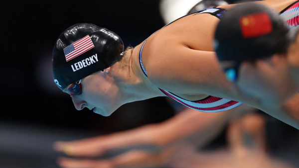 Katie Ledecky of the United States gets ready enter the pool for the women's 1500m freestyle final during the 2020 Tokyo Olympics July 28, 2021. The 2015 graduate of the Stone Ridge School of the Sacred Heart in Bethesda, Md., won the gold medal in the Olympic debut of the event. (CNS photo/Marko Djurica, Reuters)