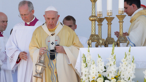Pope Francis uses incense as he celebrates the closing Mass of the International Eucharistic Congress at Heroes' Square in Budapest, Hungary, Sept. 12, 2021. (CNS photo/Paul Haring)