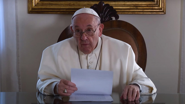 Pope Francis speaks in a video message to the World Meeting of Popular Movements in this still image taken from video posted to the Vatican News YouTube channel Oct. 16, 2021. The pope said he knows some people think he's a "pest" when it comes to his denunciations of social, political and economic systems that exclude people and keep many in poverty. (CNS photo/Vatican News YouTube channel)