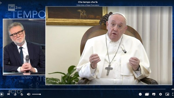 Pope Francis is pictured during an interview with Fabio Fazio on the popular Italian talk show, "Che Tempo Che Fa," in this screen capture from the Feb. 6, 2022, program televised by the Italian national broadcaster, RAI. (CNS photo/RAI)