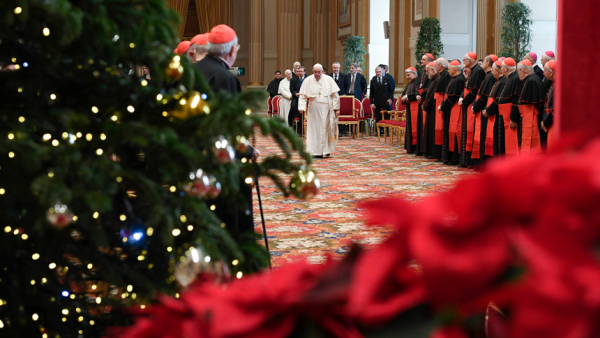 Pope Francis arrives in the Vatican's Hall of Blessings Dec. 22, 2022, for his traditional pre-Christmas speech to cardinals and top officials of the Roman Curia. (CNS photo/Vatican Media)