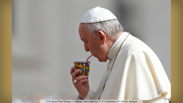 Pope Francis drinks mate, the traditional Argentine herbal tea, as he greets the crowd during his general audience in St. Peter's Square at the Vatican June 6, 2018. (CNS photo/Paul Haring)