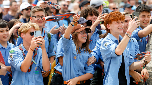 A group of scouts from Sarzana, a town in the northern Italian region of Liguria, greets Pope Francis before praying the Angelus in St. Peter's Square at the Vatican June 4, 2023. (CNS photo/Lola Gomez)