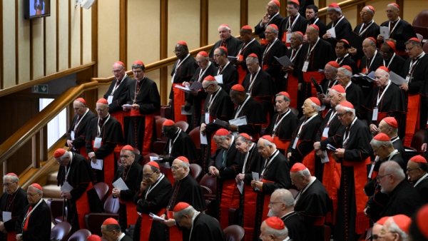 Cardinals gather in the New Synod Hall at the Vatican for their fifth general congregation meeting April 28, 2025. (CNS photo/Vatican Media)