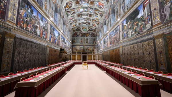 The Sistine Chapel, arranged for the conclave to elect a new pope which begins May 7, is seen at the Vatican May 6, 2025. (CNS photo/Vatican Media)