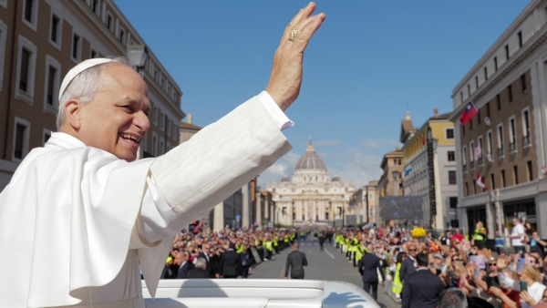 Pope Leo XIV greets the faithful as he enters St. Peter's Square on the popemobile before his inauguration Mass at the Vatican May 18, 2025. (CNS photo/Vatican Media)