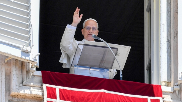 Pope Leo XIV gives his blessing to people gathered in St. Peter’s Square during the recitation of the “Regina Coeli” at the Vatican May 25, 2025. (CNS photo/Vatican Media)