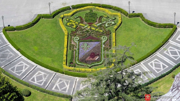 A detail of a botanical reproduction of Pope Leo XIV's coat of arms can be seen in this photo taken in May 2025 at the Vatican. (CNS photo/courtesy of the office governing Vatican City State)