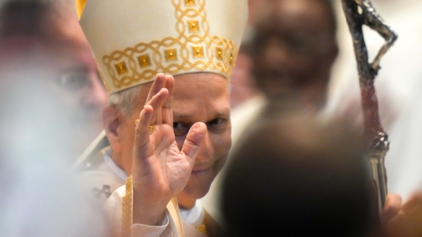 Pope Leo XIV greets people at the end of Mass in St. Peter's Basilica on the feast of the Holy Trinity and for the conclusion of the Jubilee of Sport at the Vatican June 15, 2025. (CNS photo/Lola Gomez)