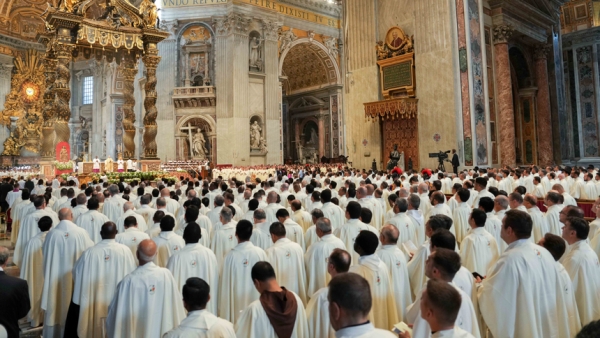 Priests join in prayer during Mass with Pope Leo XIV on the feast of the Sacred Heart of Jesus in St. Peter’s Basilica at the Vatican June 27, 2025. (CNS photo/Lola Gomez)