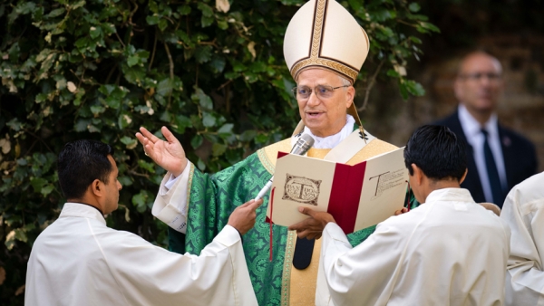 Pope Leo XIV gives his blessing while celebrating Mass for the Care of Creation on the grounds of the Borgo Laudato Si' ecology center in Castel Gandolfo, Italy, July 9, 2025. (CNS photo/Cristian Gennari, pool)