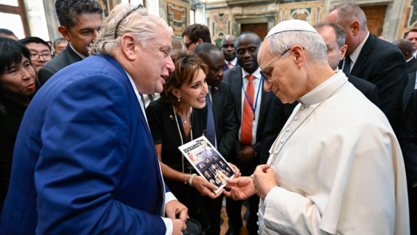Pope Leo XIV greets participants in the International Catholic Legislators Network during a meeting in the Clementine Hall of the Apostolic Palace at the Vatican Aug. 23, 2025. (CNS photo/Vatican Media)
