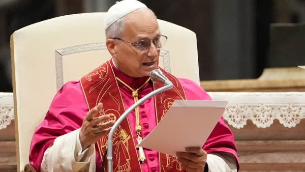 Pope Leo XIV gives his homily during a prayer vigil as part of the Jubilee of Consolation in St. Peter's Basilica at the Vatican, Sept. 15, the feast of Our Lady of Sorrows. (CNS photo/Lola Gomez)