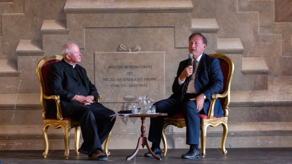 Msgr. Laurence Spiteri, a judge on the Roman Rota, a Vatican court, holds a public conversation with U.S. Supreme Court Justice Samuel A. Alito Jr. at a Jubilee of Justice event in the Palazzo della Cancelleria in Rome Sept. 20, 2025. (CNS photo/Pablo Esparza)