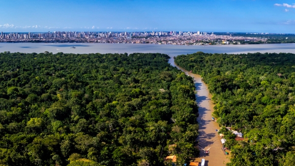 A drone view of the city of Belem, Brazil, is taken from Combu Island Nov. 8, 2025. Belem is hosting the U.N. Climate Conference, COP30. (CNS photo/Alex Ferro, COP30)