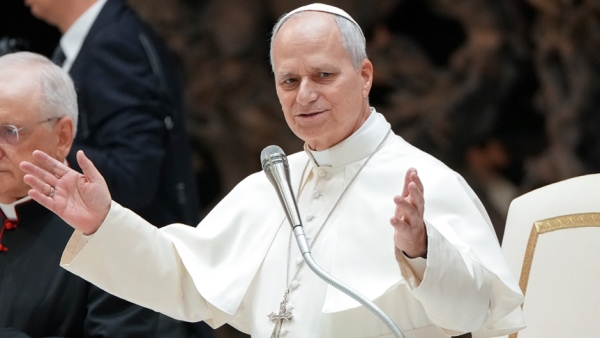 Pope Leo XIV speaks to visitors during his weekly general audience in the Paul VI Audience Hall at the Vatican Feb. 11, 2026. (CNS photo/Lola Gomez)