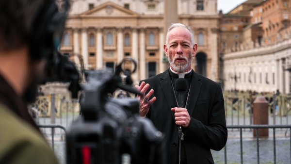 U.S. Archbishop Alexander K. Sample of Portland, Ore., gives an interview to Catholic News Service at the Vatican Feb. 11, 2026. (CNS photo/Lola Gomez)